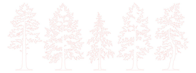 Obraz premium Minimalist pink pine tree line art, set of 5 conifer evergreen silhouettes, delicate pastel forest vector illustrations for winter branding