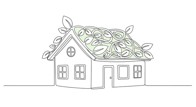 Eco-friendly house illustration with green roof, vines, and leaves, sustainable living concept