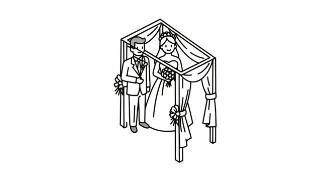 Bride and groom standing under wedding canopy