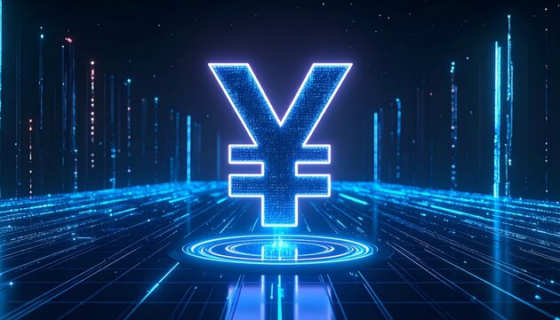 Digital yen currency symbol glowing in a futuristic environment, representing financial technology, digital payments, and modern currency systems.