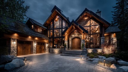 Naklejka premium Luxurious Modern Rustic Log Cabin Mansion with Dramatic Lighting and Mountainous Forest Setting