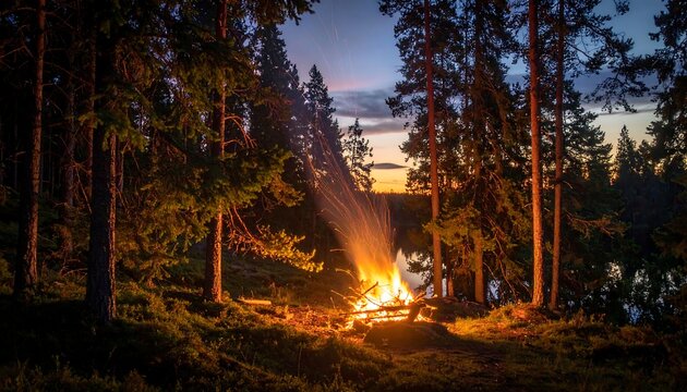 Glowing Campfire Burning Among Tall Pine Trees at Dusk in Forest Lakeside