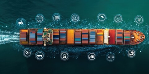 Fototapeta na wymiar Global Logistics Network Connected by Shipping Container Vessel and Digital Technology Icons
