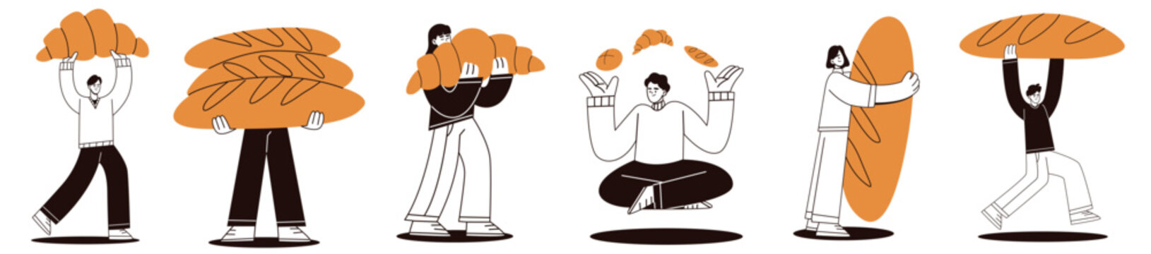 Minimalist vector banner illustration set featuring diverse character people carrying, hugging, lifting, and juggling giant croissants, baguettes, and wheat bread loaves, isolated on white background