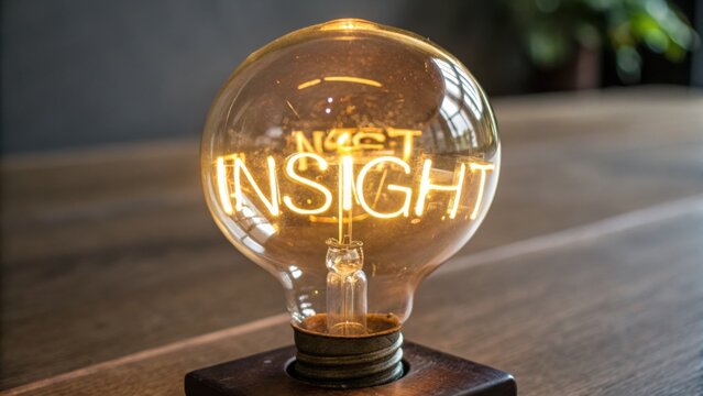 Vintage light bulb on wooden table with neon text reading 'INSIGHT' glowing brightly in a modern workspace setting