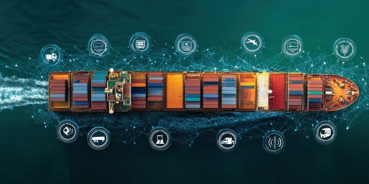 Global Logistics Network Connected by Shipping Container Vessel and Digital Technology Icons