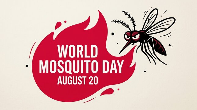 World Mosquito Day August 20 awareness poster, angry cartoon mosquito character, red flame graphic for global health campaign