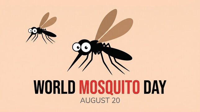 World Mosquito Day banner for August 20, cartoon mosquito characters on beige background, global health awareness poster design