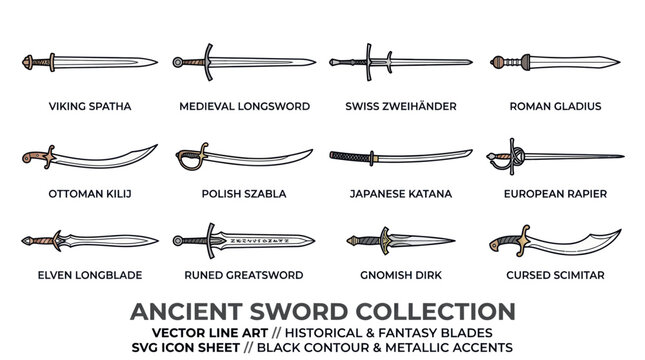 Collection of Ancient Swords: Viking, Medieval, Katana, Rapier, Roman Gladius