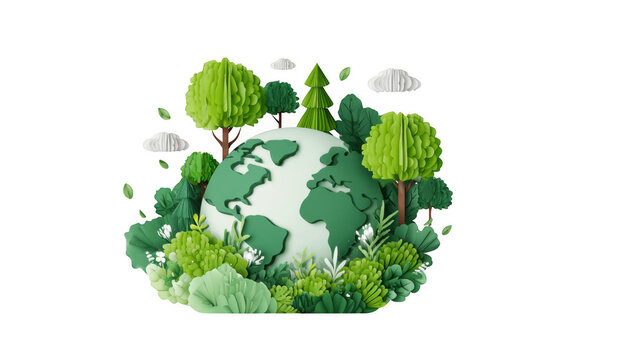 Globe surrounded by lush green trees and soft clouds represents a commitment to global environmental sustainability and the protection of our natural ecosystems for the benefit of future generations.