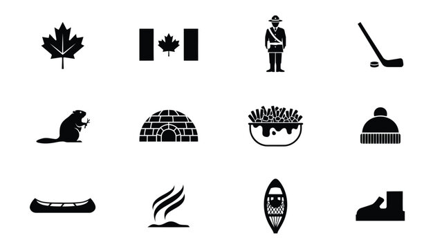 Canadian culture and national symbols vector set including beaver mountie and maple leaf.