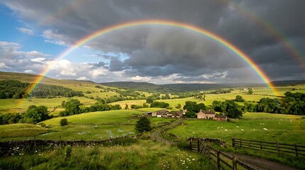 Fototapeta premium Rainbow over green countryside landscape.