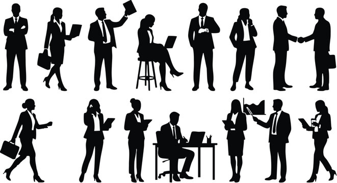 Business professionals perform daily office tasks like shaking hands and analyzing charts to demonstrate corporate synergy and successful teamwork.
