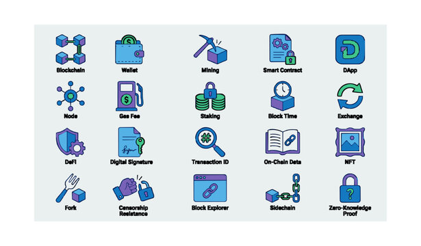 Blockchain Technology and Cryptocurrency Ecosystem Line Icon Set Vector