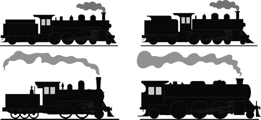 Silhouettes of steam locomotives with varied designs, vintage train illustration representing historical rail transport and engineering evolution © Hadiul