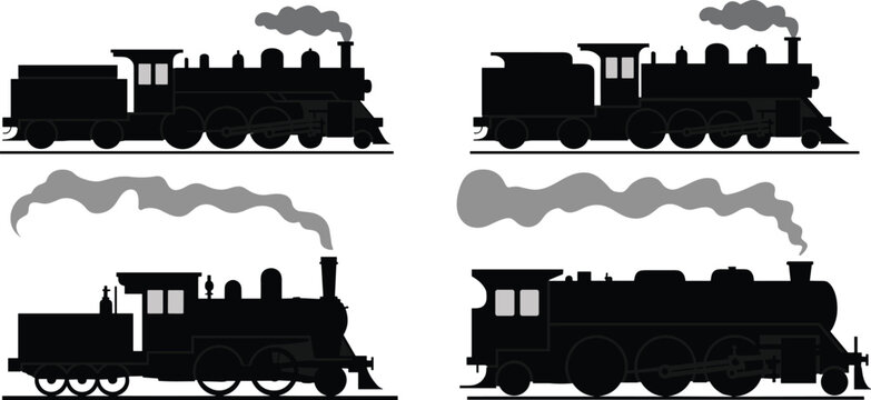 Silhouettes of steam locomotives with varied designs, vintage train illustration representing historical rail transport and engineering evolution