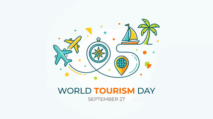 Naklejka premium World Tourism Day banner with travel icons like airplanes, compass, map pin, sailboat, and palm tree on a white background, celebrating September 27.