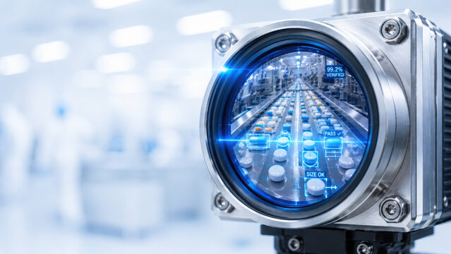 High tech machine vision camera inspecting bottles on production line, ensuring quality control and precision in manufacturing processes