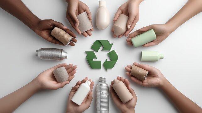 Diverse hands holding eco friendly cosmetic packaging around green recycling symbol, promoting sustainability