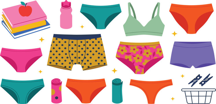 Underwear and Lingerie Vector Icon Set featuring Panties, Boxers, Bralette, Laundry Basket, and Colorful Intimate Apparel Designs