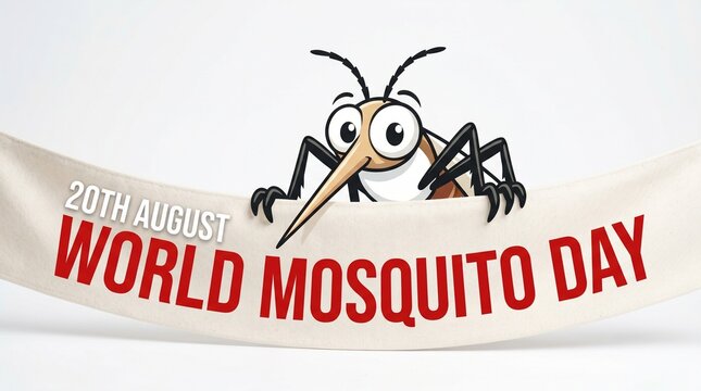 World Mosquito Day banner for 20th August, funny cartoon mosquito character holding a sign, malaria awareness and disease prevention concept