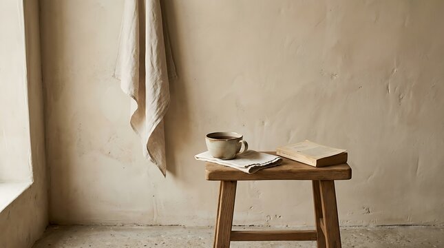 Wooden stool with book and cup.
