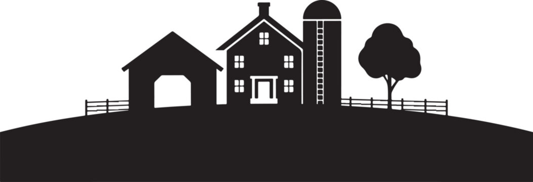 Farm silhouette, rural landscape with house, barn, silo tree
