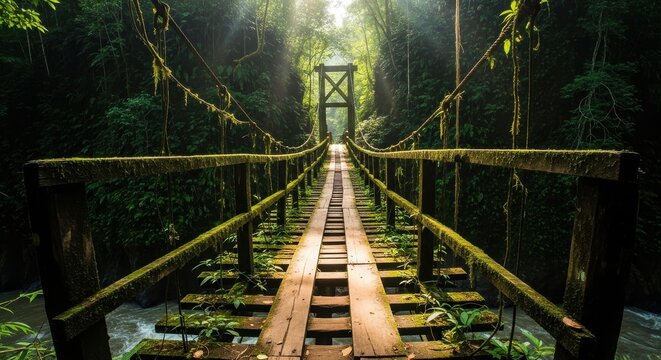 Ancient Moss Covered Wooden Suspension Bridge in Lush Tropical Forest