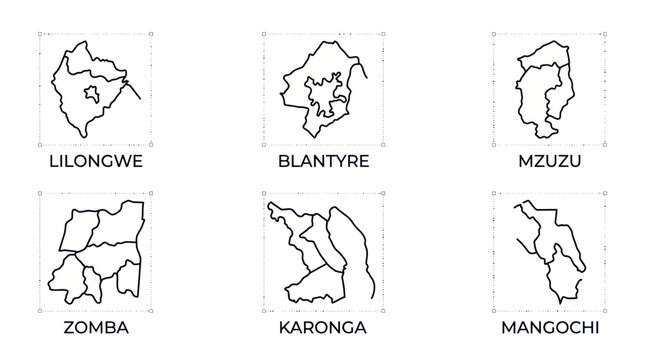 Malawi Regions Outline Maps: Lilongwe, Blantyre, Mzuzu, Zomba, Karonga, Mangochi