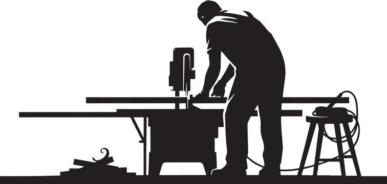 Silhouette of a man working on a table saw in a workshop