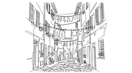 Hand-drawn sketch of laundry hanging in narrow European alleyway, cobblestone street, sketch style © Fafa