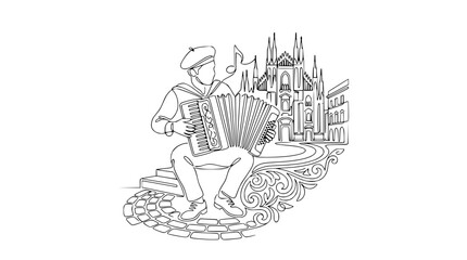 Accordion Player in City Square, Continuous Line Art, Milan Cathedral Background © Fafa