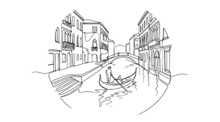 Venice Canal Sketch: Gondola Ride Under Bridge, Italian Architecture, Black and White Drawing © Fafa