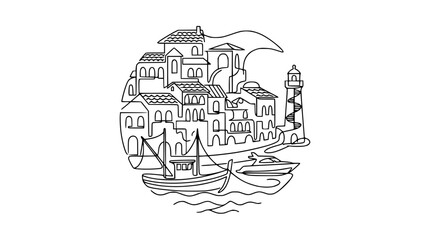 Continuous Line Art Coastal Village with Lighthouse and Boats © Fafa