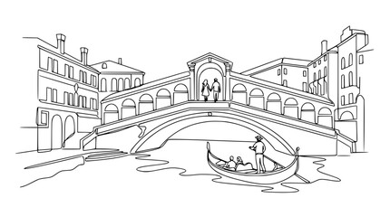 Venice Rialto Bridge line art drawing, gondola on canal, iconic Italian landmark sketch © Fafa