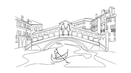 Couple walking on Rialto Bridge, Venice canal with gondola, line art sketch © Fafa