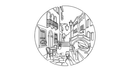 Venice canal sketch with gondola, bridge, and cafe, hand holding wine glass © Fafa