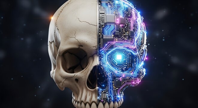 A detailed human skull featuring a half biological bone structure combined with a glowing blue digital electronic circuit board design