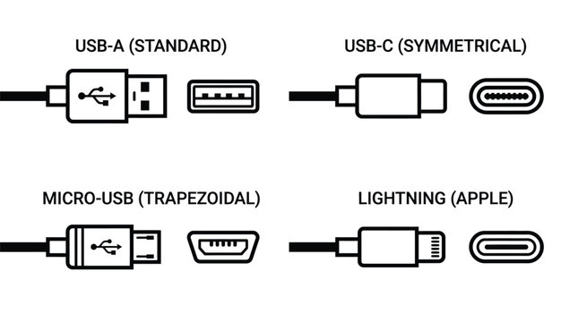 Black and white vector illustration showing various common electronic charging cable connector types for devices