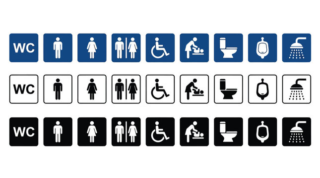 A comprehensive set of flat vector restroom sign icons featuring blue black and white colors