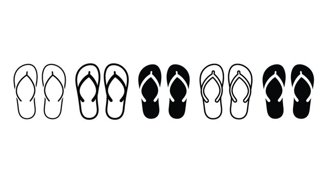 Minimalist black and white vector illustration of multiple flip flop sandals arranged in a row