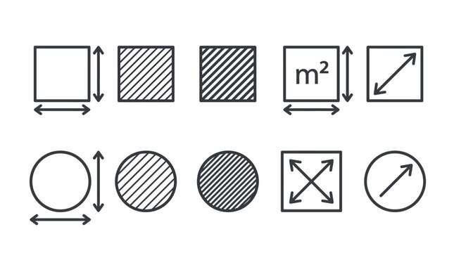Minimalist vector illustration set showing various geometric shape dimensions and area measurement calculation icon symbols