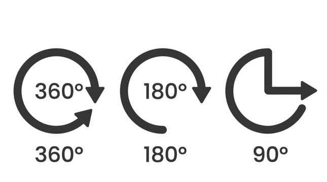 Minimalist vector illustration showing rotation degree icons for three hundred sixty one hundred eighty ninety degrees