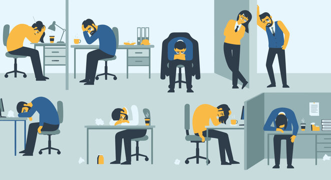 Stressed and tired office workers slumped over desks, feeling burnout and exhaustion in a modern workplace