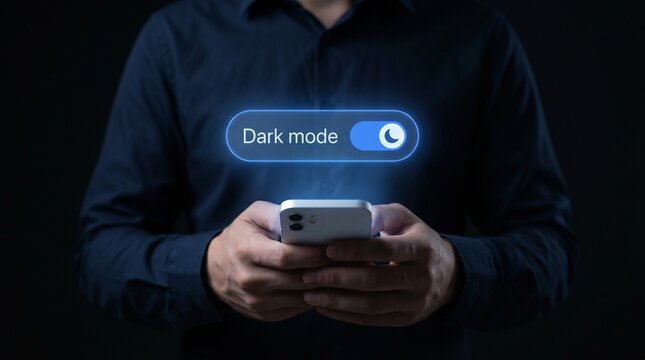 A person holding a smartphone with a glowing digital dark mode toggle switch floating above the screen against a dark background