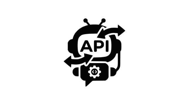 API integration icon with circular arrows on dark background.