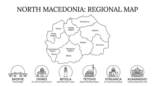 North Macedonia Regional Map with City Icons