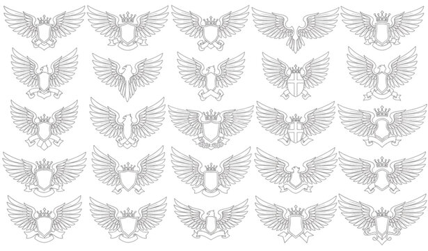 Angel and Bird Wings Outline Vector Illustration Set