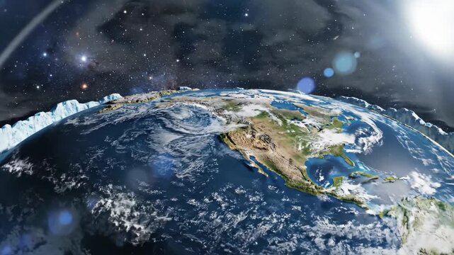 Detailed realistic planetary model representing a flat earth illuminated by sunlight within a starry cosmos, ideal for scientific research.