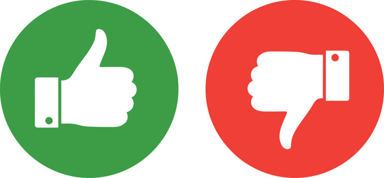 Green circle with a white thumbs up and red circle with a white thumbs down, isolated on a white background, representing approval and dislike
